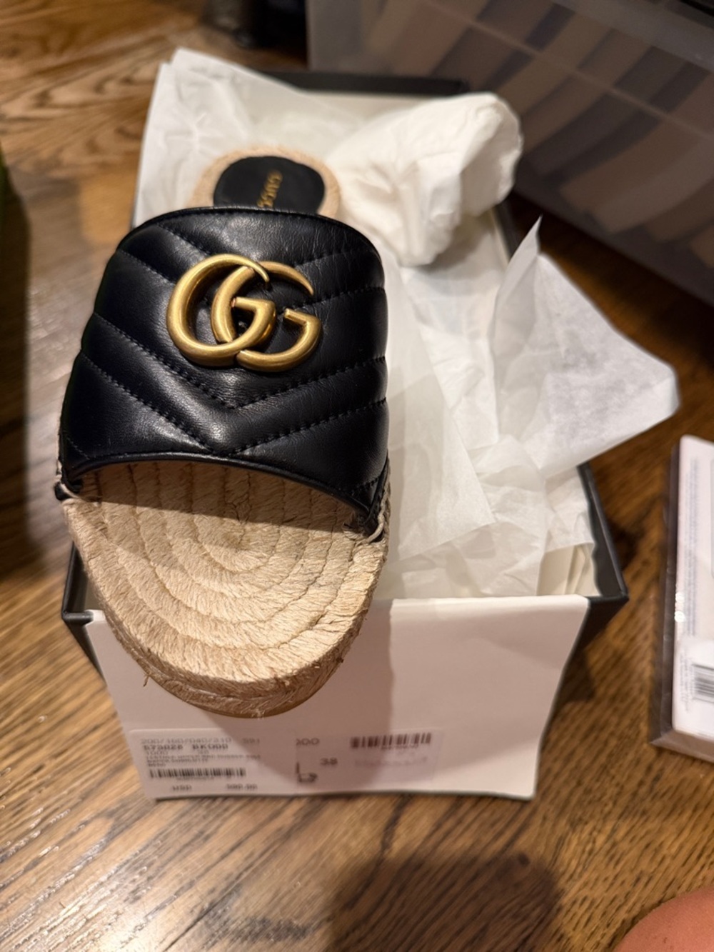 Gucci Black Quilted Leather Espadrille Slide with Gold Double G